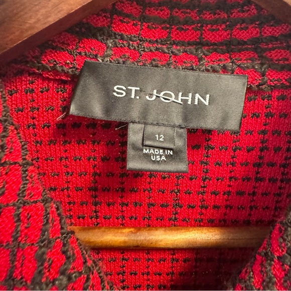 St. John Black Label Red Black Tweed Knit Button Down Blazer Jacket Size 12 USA - Picture 2 of 14